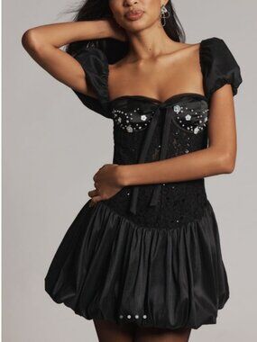 NWT  For Love & Lemons McKenna Bubble Hem Mini Dress - Black - Size XL